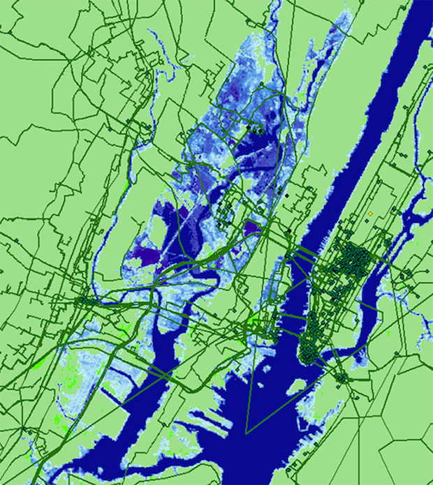 Large areas around New York City are projected to be under water by 2033. Barford et al.